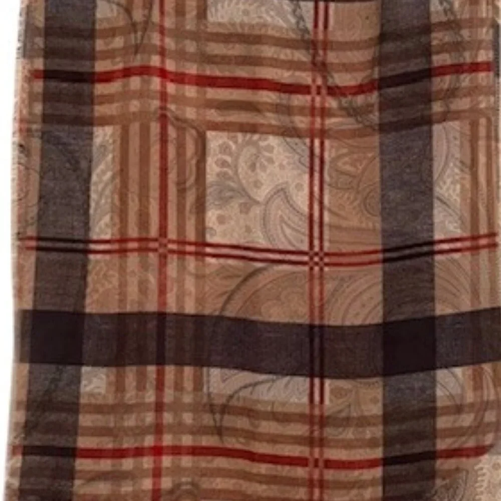 VTG Sheer Plaid Paisley Scarf Neutral Tan Gray Red-Burgundy